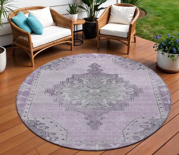 HomeRoots 8' Round Plum and Gray Geometric Area Rug - Machine Washable Indoor/Outdoor Design for Any Space 619167