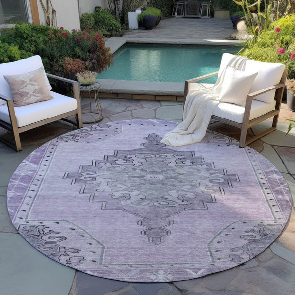 HomeRoots 8' Round Plum and Gray Geometric Area Rug - Machine Washable Indoor/Outdoor Design for Any Space 619167