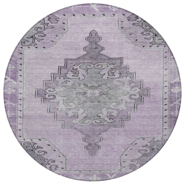 HomeRoots 8' Round Plum and Gray Geometric Area Rug - Machine Washable Indoor/Outdoor Design for Any Space 619167