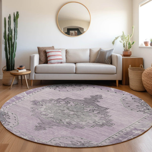 HomeRoots 8' Round Plum and Gray Geometric Area Rug - Machine Washable Indoor/Outdoor Design for Any Space 619167