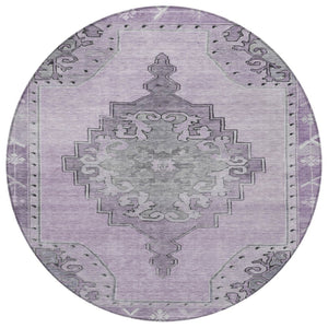 HomeRoots 8' Round Plum and Gray Geometric Area Rug - Machine Washable Indoor/Outdoor Design for Any Space 619167