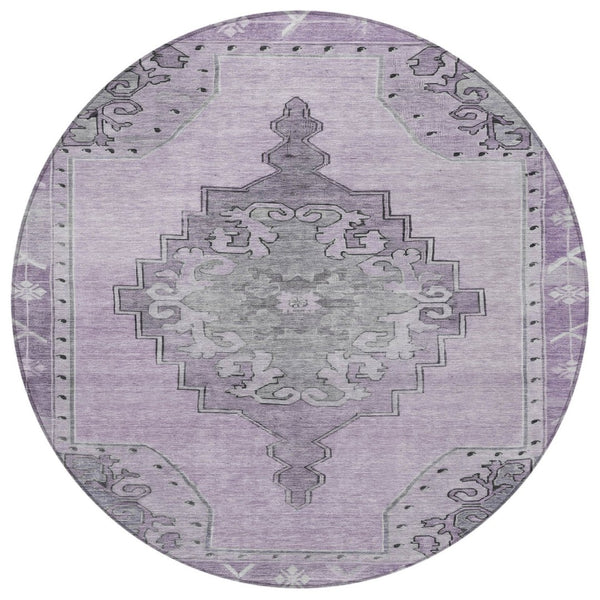 HomeRoots 8' Round Plum and Gray Geometric Area Rug - Machine Washable Indoor/Outdoor Design for Any Space 619167