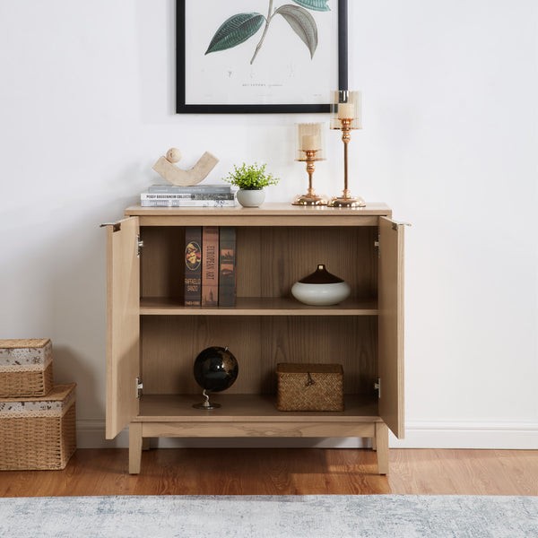 English Elm 2 Door Storage Cabinet with Fluted Fronts and Brass Handles, Mid-Century Accent Console for Entryway Natural Ash W914P292863