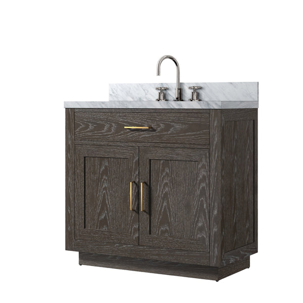 English Elm Brown Oak Single Bath Vanity With Carrara Marble Top & Chrome Faucet Set - Elegant & Functional Upgrade B2731P257674
