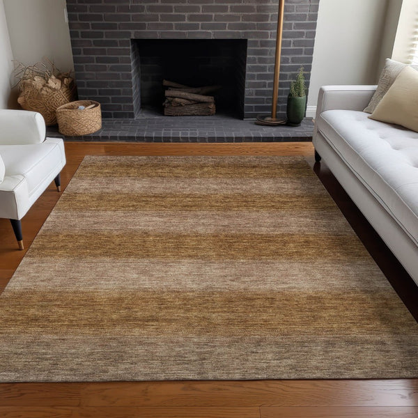 HomeRoots 5' Versatile Brown and Khaki Striped Washable Area Rug for Indoor/Outdoor Use - Durable, Stylish, Easy Care 619226