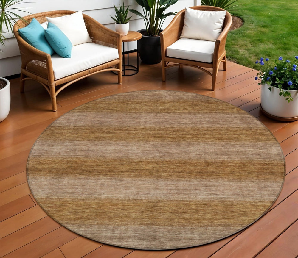 HomeRoots 8' Round Striped Area Rug - Durable Brown and Khaki Design for Indoor & Outdoor Spaces, Machine Washable 619227