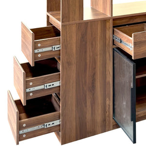English Elm 70.87"h Tall Storage Cabinet Glass Panel Doors Asymmetric Drawers Modern Hallway Organizer W331S00205
