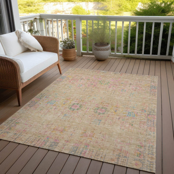 HomeRoots 5' X 8' Floral Medallion Area Rug in Tan, Pink & Yellow - Washable Indoor/Outdoor Durable Accent Rug 619274