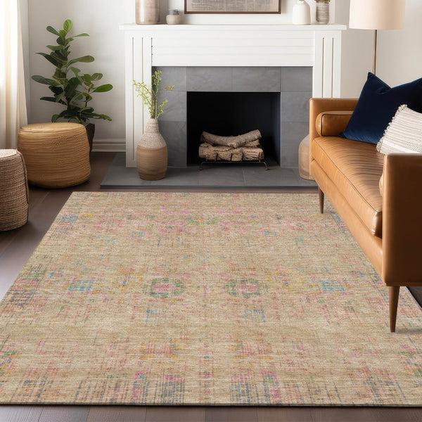 HomeRoots 5' X 8' Floral Medallion Area Rug in Tan, Pink & Yellow - Washable Indoor/Outdoor Durable Accent Rug 619274