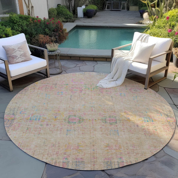 HomeRoots 8' Tan Pink and Yellow Round Floral Medallion Rug – Stylish, Washable, Indoor/Outdoor Durability! 619275