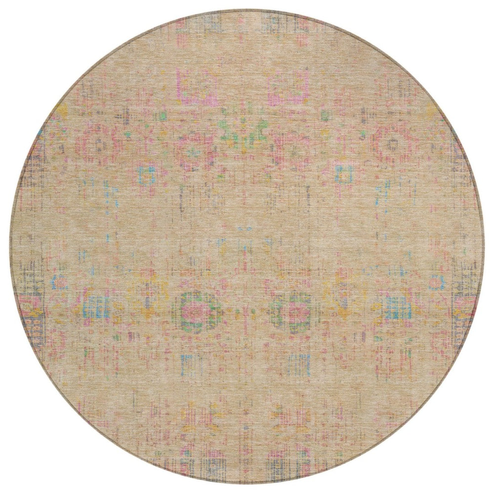 HomeRoots 8' Tan Pink and Yellow Round Floral Medallion Rug – Stylish, Washable, Indoor/Outdoor Durability! 619275