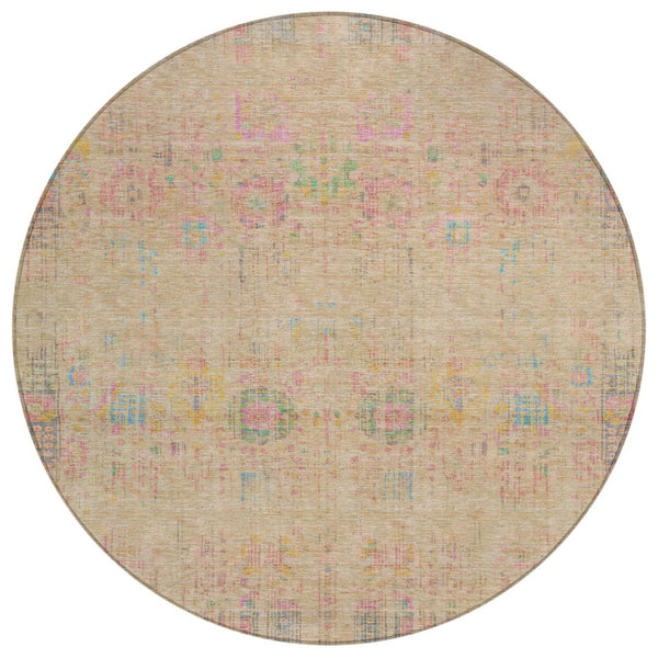 HomeRoots 8' Tan Pink and Yellow Round Floral Medallion Rug – Stylish, Washable, Indoor/Outdoor Durability! 619275