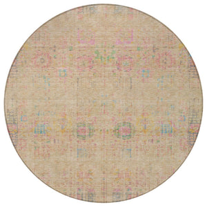 HomeRoots 8' Tan Pink and Yellow Round Floral Medallion Rug – Stylish, Washable, Indoor/Outdoor Durability! 619275