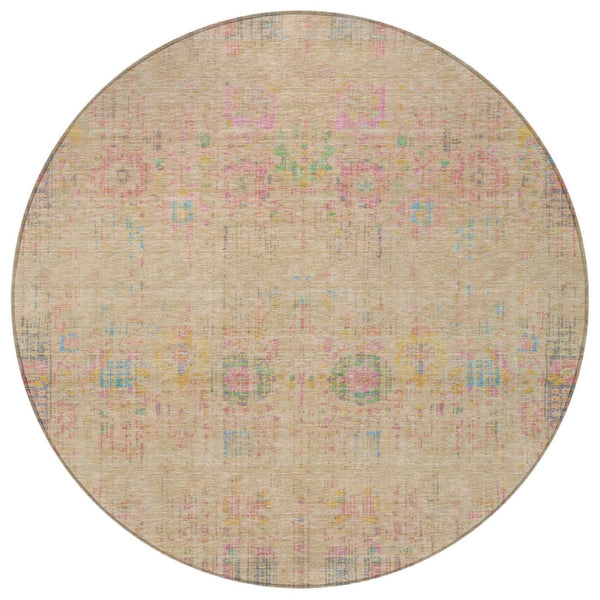HomeRoots 8' Tan Pink and Yellow Round Floral Medallion Rug – Stylish, Washable, Indoor/Outdoor Durability! 619275