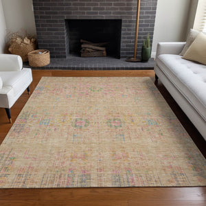 HomeRoots 8' X 10' Floral Medallion Area Rug - Soft Tan with Pink & Yellow, Washable for Indoor/Outdoor Use 619276