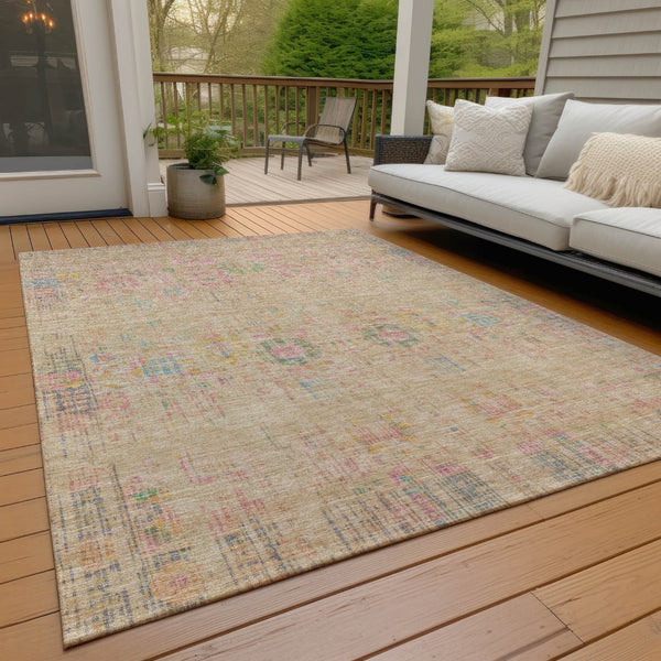 HomeRoots 8' X 10' Floral Medallion Area Rug - Soft Tan with Pink & Yellow, Washable for Indoor/Outdoor Use 619276