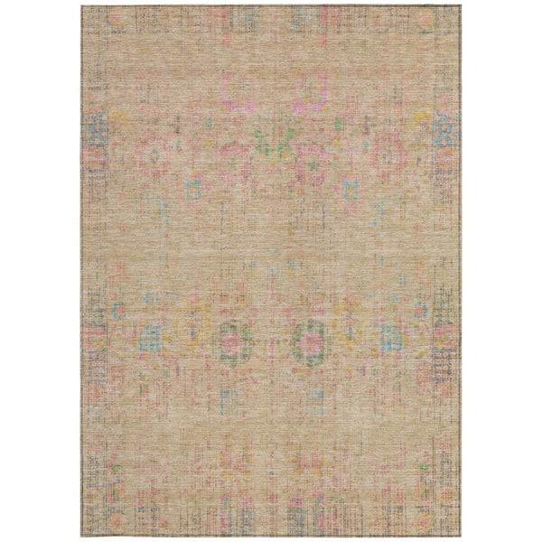 HomeRoots 9' X 12' Floral Medallion Area Rug - Vibrant Tan, Pink & Yellow, Washable for Indoor/Outdoor Use 619277