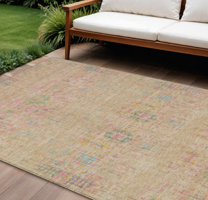 HomeRoots 9' X 12' Floral Medallion Area Rug - Vibrant Tan, Pink & Yellow, Washable for Indoor/Outdoor Use 619277