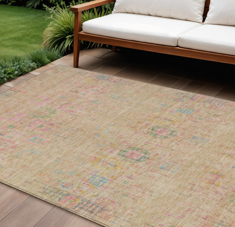 HomeRoots 10' Floral Medallion Area Rug in Tan, Pink & Yellow - Durable, Washable for Indoor & Outdoor Use! 619278