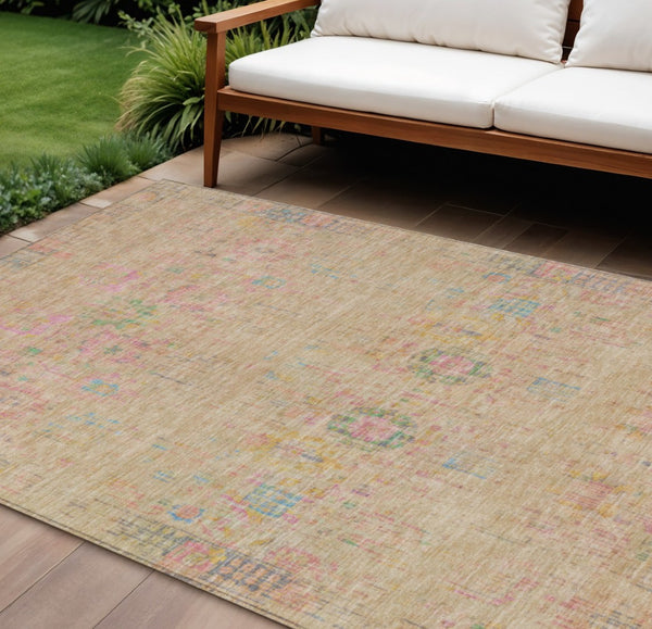 HomeRoots 10' Floral Medallion Area Rug in Tan, Pink & Yellow - Durable, Washable for Indoor & Outdoor Use! 619278