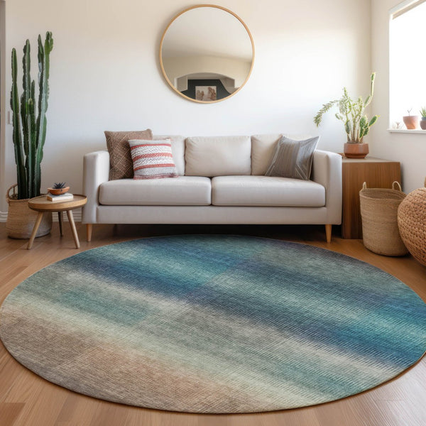 HomeRoots 8' Vibrant Blue and Copper Round Abstract Area Rug – Washable, Durable for Indoor & Outdoor Use 619287