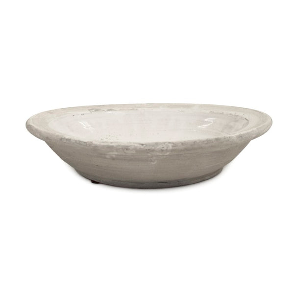 Zentique Distressed Ceramic Vase with Matte White and Grey Antiqued Finish – Rustic Sculptural Centerpiece W14.5 x H3 x D14.5 6192M A25A