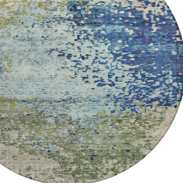 HomeRoots 8' Round Abstract Blue and Beige Washable Area Rug for Indoor and Outdoor High-Traffic Spaces 619329