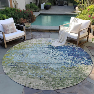 HomeRoots 8' Round Abstract Blue and Beige Washable Area Rug for Indoor and Outdoor High-Traffic Spaces 619329