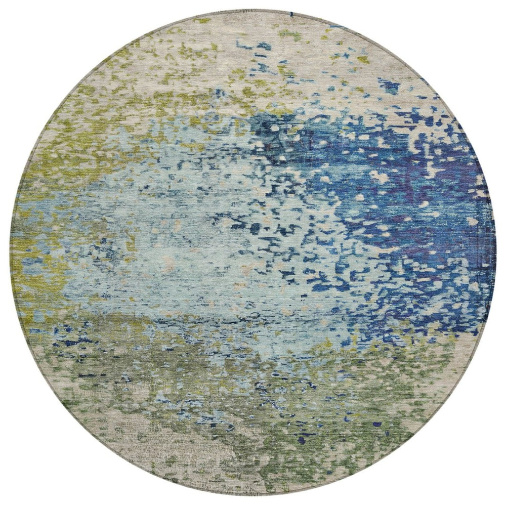 HomeRoots 8' Round Abstract Blue and Beige Washable Area Rug for Indoor and Outdoor High-Traffic Spaces 619329