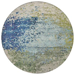 HomeRoots 8' Round Abstract Blue and Beige Washable Area Rug for Indoor and Outdoor High-Traffic Spaces 619329