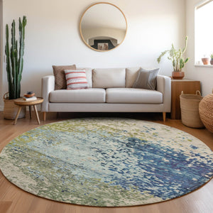 HomeRoots 8' Round Abstract Blue and Beige Washable Area Rug for Indoor and Outdoor High-Traffic Spaces 619329