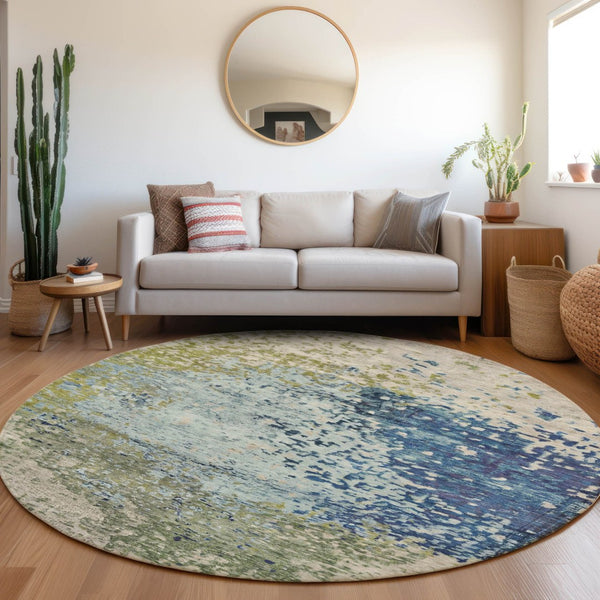 HomeRoots 8' Round Abstract Blue and Beige Washable Area Rug for Indoor and Outdoor High-Traffic Spaces 619329