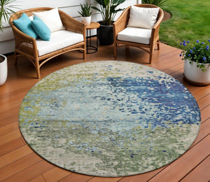 HomeRoots 8' Round Abstract Blue and Beige Washable Area Rug for Indoor and Outdoor High-Traffic Spaces 619329