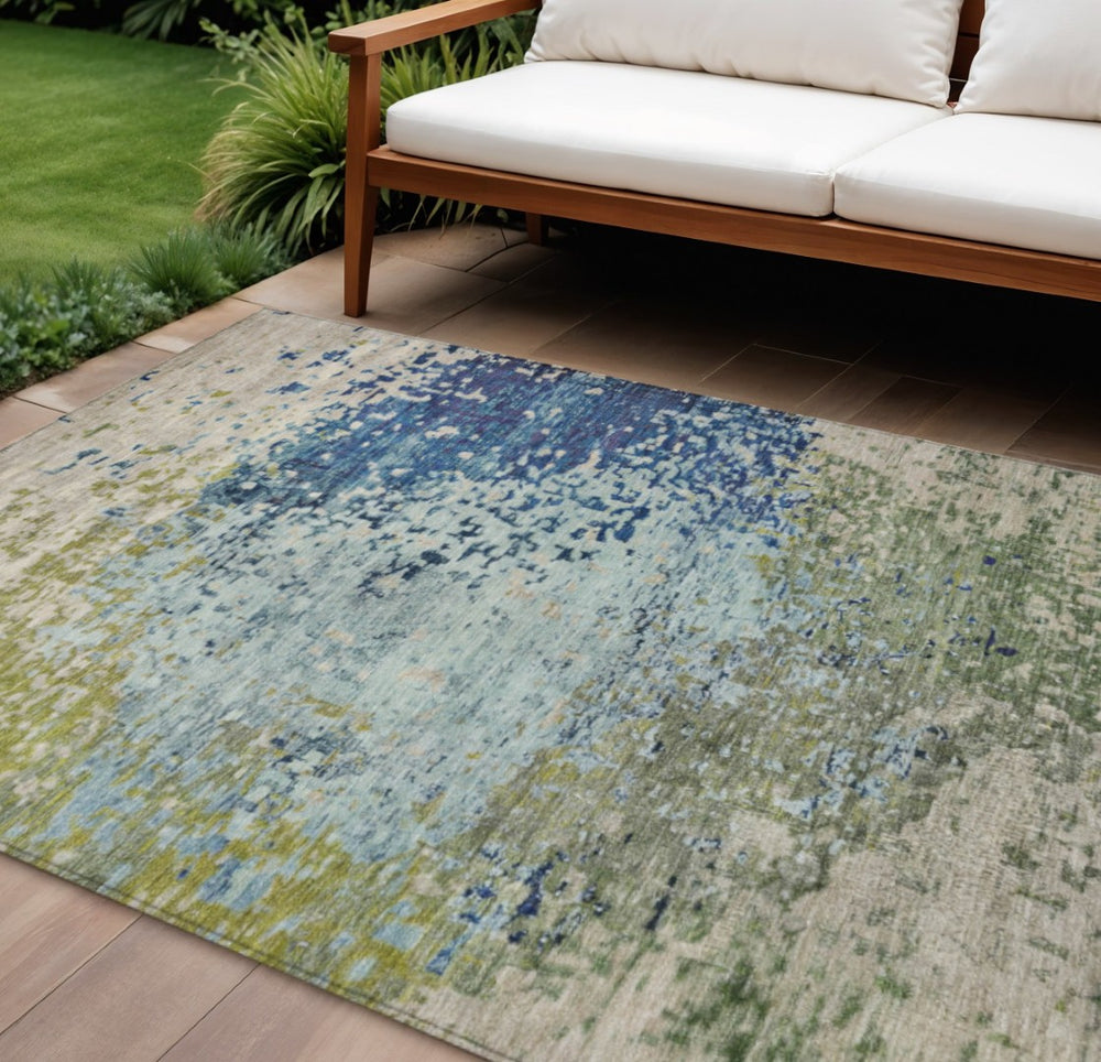 HomeRoots 9' Blue and Beige Abstract Washable Area Rug - Durable Indoor/Outdoor Design for Modern Spaces 619331