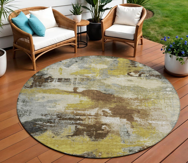 HomeRoots 8' Round Abstract Area Rug in Brown, Gray & Taupe - Washable, Stylish, Durable for Indoor & Outdoor Use 619363