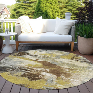 HomeRoots 8' Round Abstract Area Rug in Brown, Gray & Taupe - Washable, Stylish, Durable for Indoor & Outdoor Use 619363