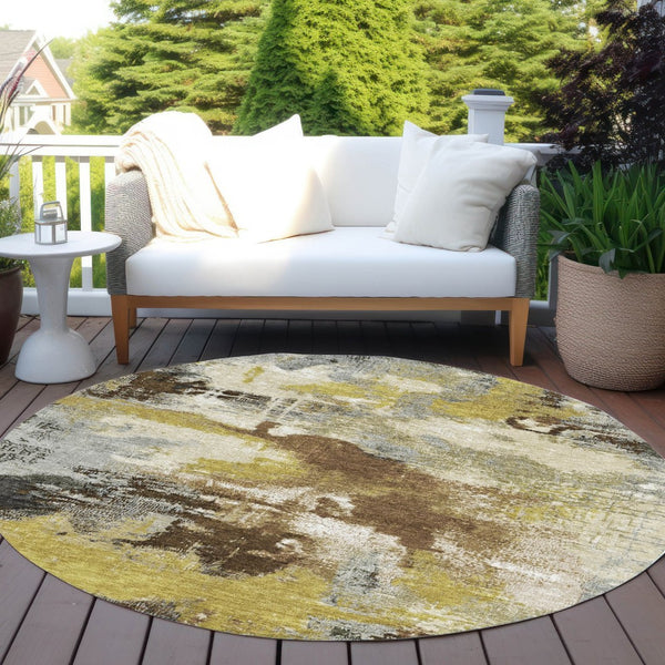 HomeRoots 8' Round Abstract Area Rug in Brown, Gray & Taupe - Washable, Stylish, Durable for Indoor & Outdoor Use 619363