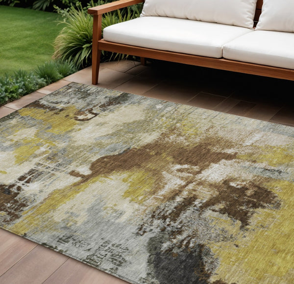 HomeRoots 9' X 12' Abstract Indoor Outdoor Area Rug in Brown, Gray & Taupe - Washable, Stain-Resistant Design 619365