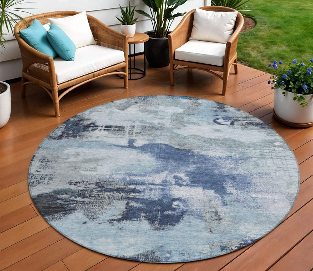 HomeRoots 8' Blue Ivory and Gray Round Abstract Indoor Outdoor Area Rug - Washable, Durable, Stylish Décor 619369