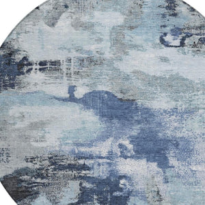 HomeRoots 8' Blue Ivory and Gray Round Abstract Indoor Outdoor Area Rug - Washable, Durable, Stylish Décor 619369