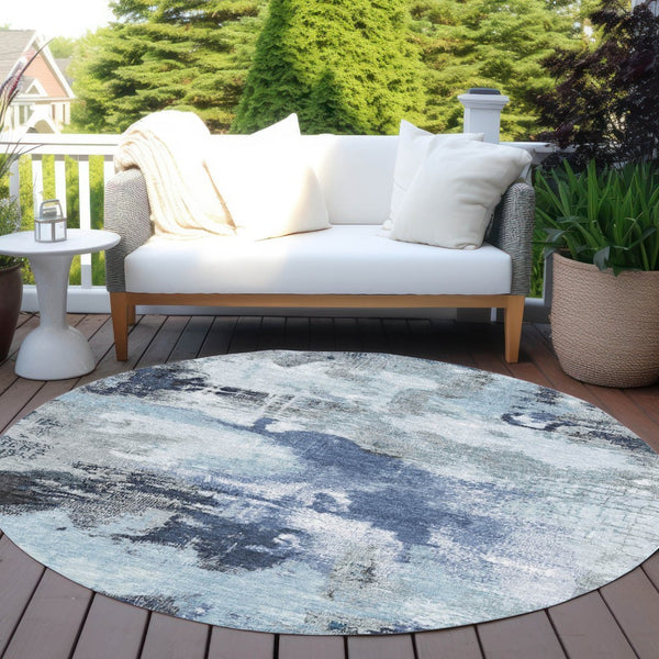 HomeRoots 8' Blue Ivory and Gray Round Abstract Indoor Outdoor Area Rug - Washable, Durable, Stylish Décor 619369
