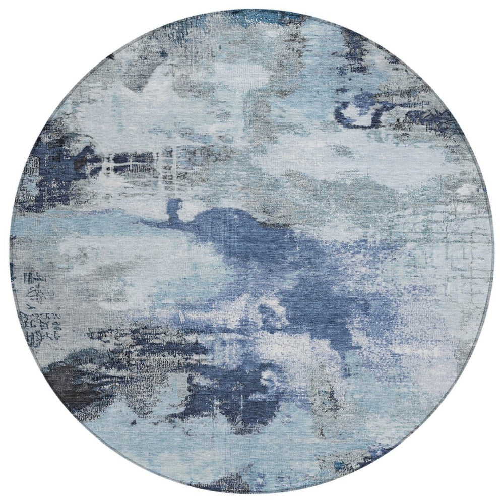 HomeRoots 8' Blue Ivory and Gray Round Abstract Indoor Outdoor Area Rug - Washable, Durable, Stylish Décor 619369