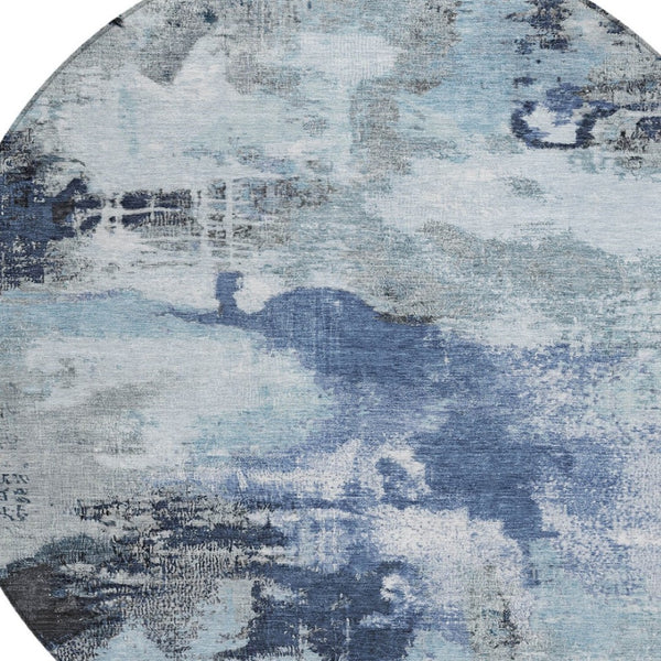 HomeRoots 8' Blue Ivory and Gray Round Abstract Indoor Outdoor Area Rug - Washable, Durable, Stylish Décor 619369