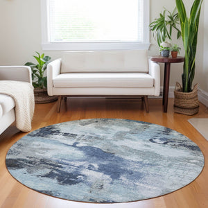HomeRoots 8' Blue Ivory and Gray Round Abstract Indoor Outdoor Area Rug - Washable, Durable, Stylish Décor 619369