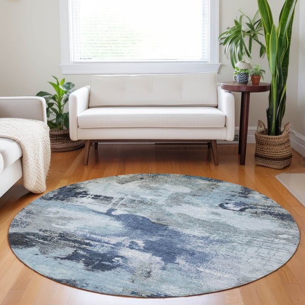 HomeRoots 8' Blue Ivory and Gray Round Abstract Indoor Outdoor Area Rug - Washable, Durable, Stylish Décor 619369