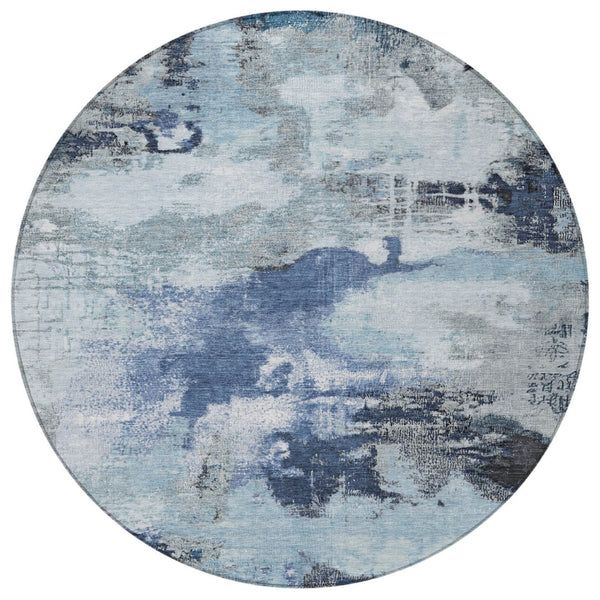 HomeRoots 8' Blue Ivory and Gray Round Abstract Indoor Outdoor Area Rug - Washable, Durable, Stylish Décor 619369