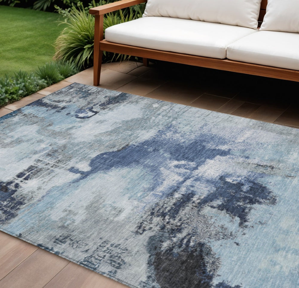 HomeRoots 8' X 10' Stylish Blue Ivory and Gray Abstract Washable Area Rug – Indoor/Outdoor, Easy Care, Durable Design 619370