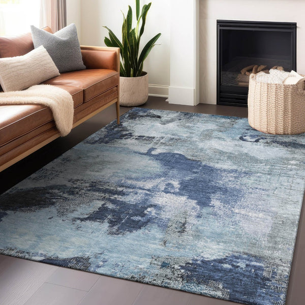 HomeRoots 9' Modern Abstract Blue Ivory Gray Washable Area Rug for Indoor Outdoor High-Traffic Spaces 619371
