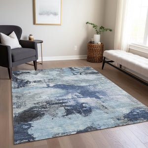HomeRoots 9' Modern Abstract Blue Ivory Gray Washable Area Rug for Indoor Outdoor High-Traffic Spaces 619371