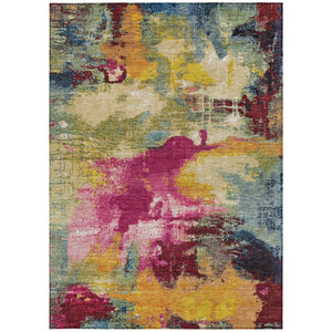 HomeRoots 5' Vibrant Ruby Red, Pink & Yellow Abstract Washable Area Rug for Indoor/Outdoor High Traffic Use 619374